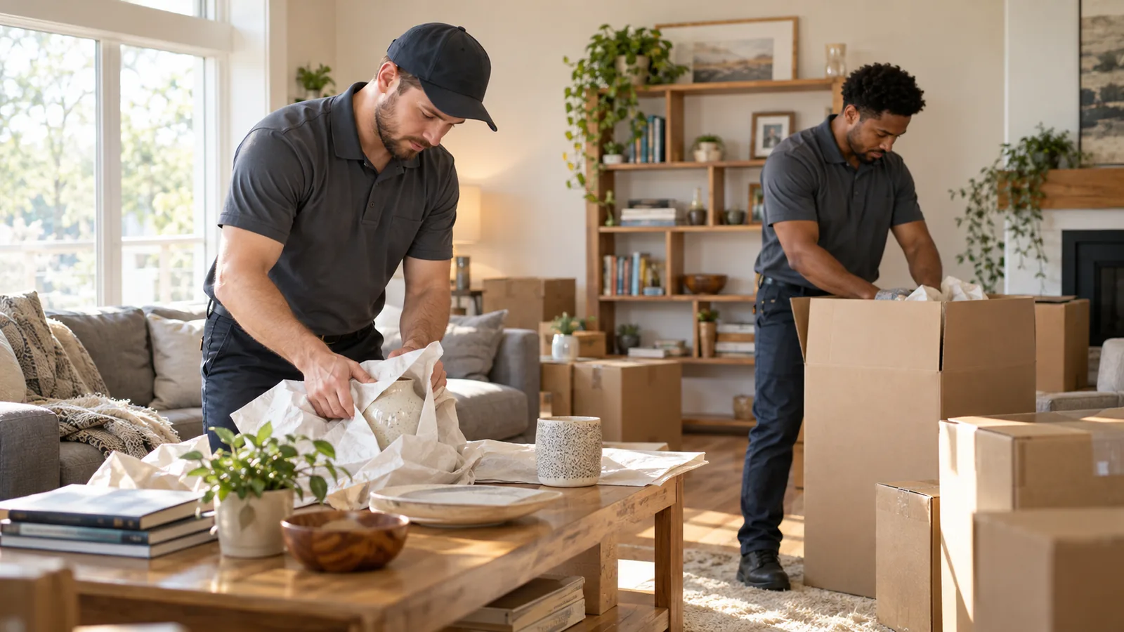 Two professional movers packing household belongings into cardboard boxes