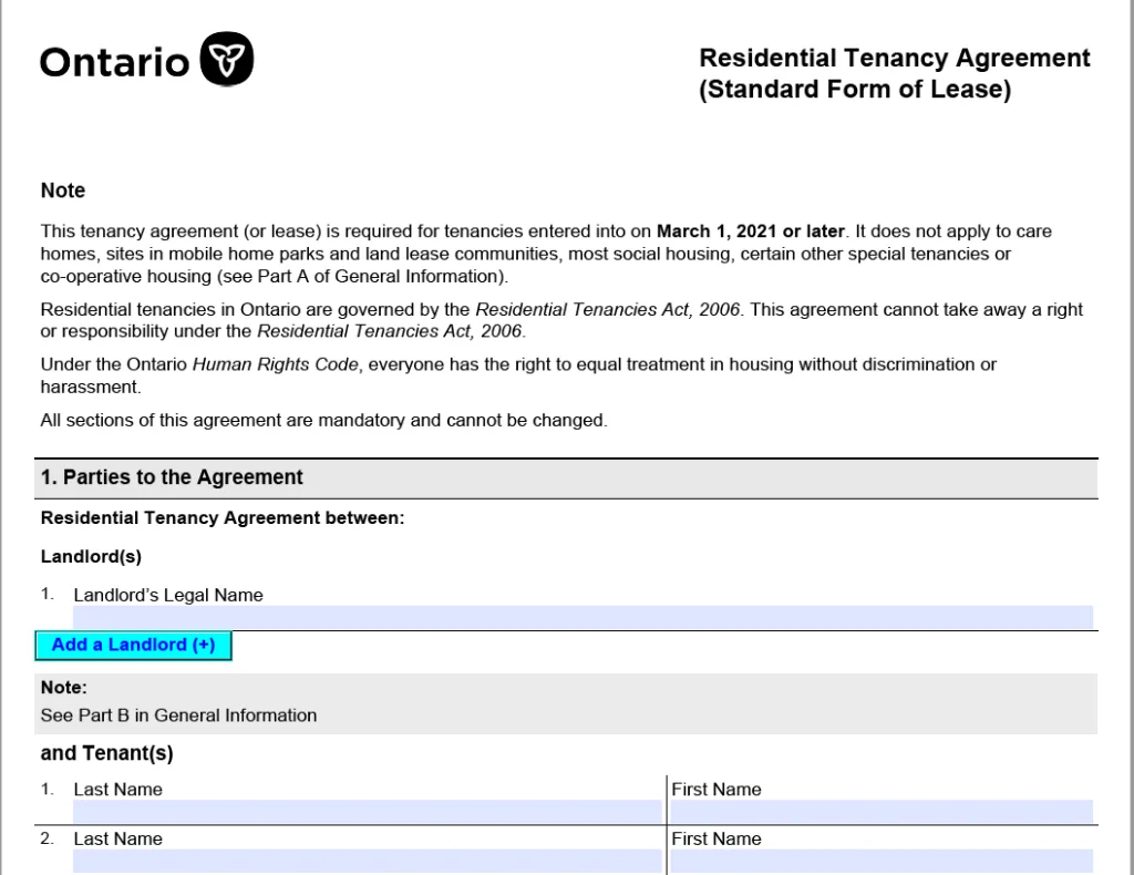 Ontario Lease Agreement