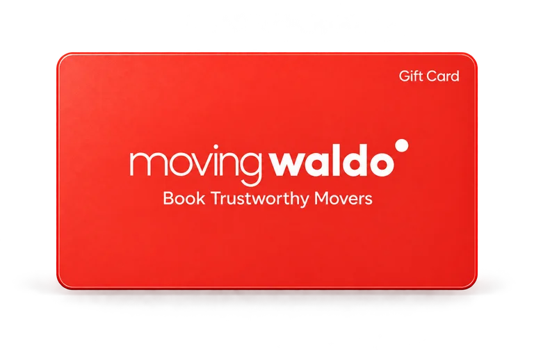 Red MovingWaldo gift card with English lettering.