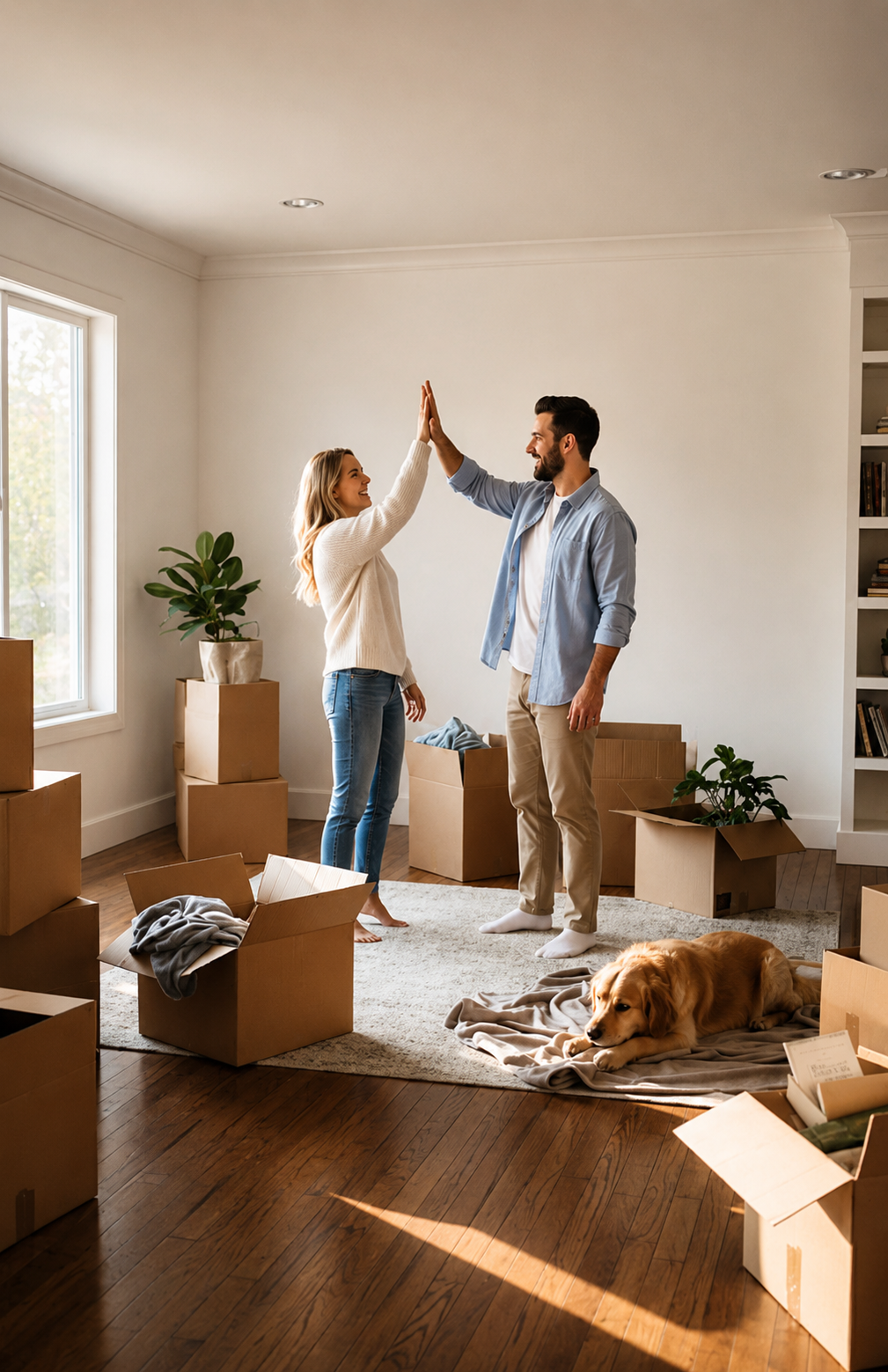 Couple celebrating in a living room with moving boxes