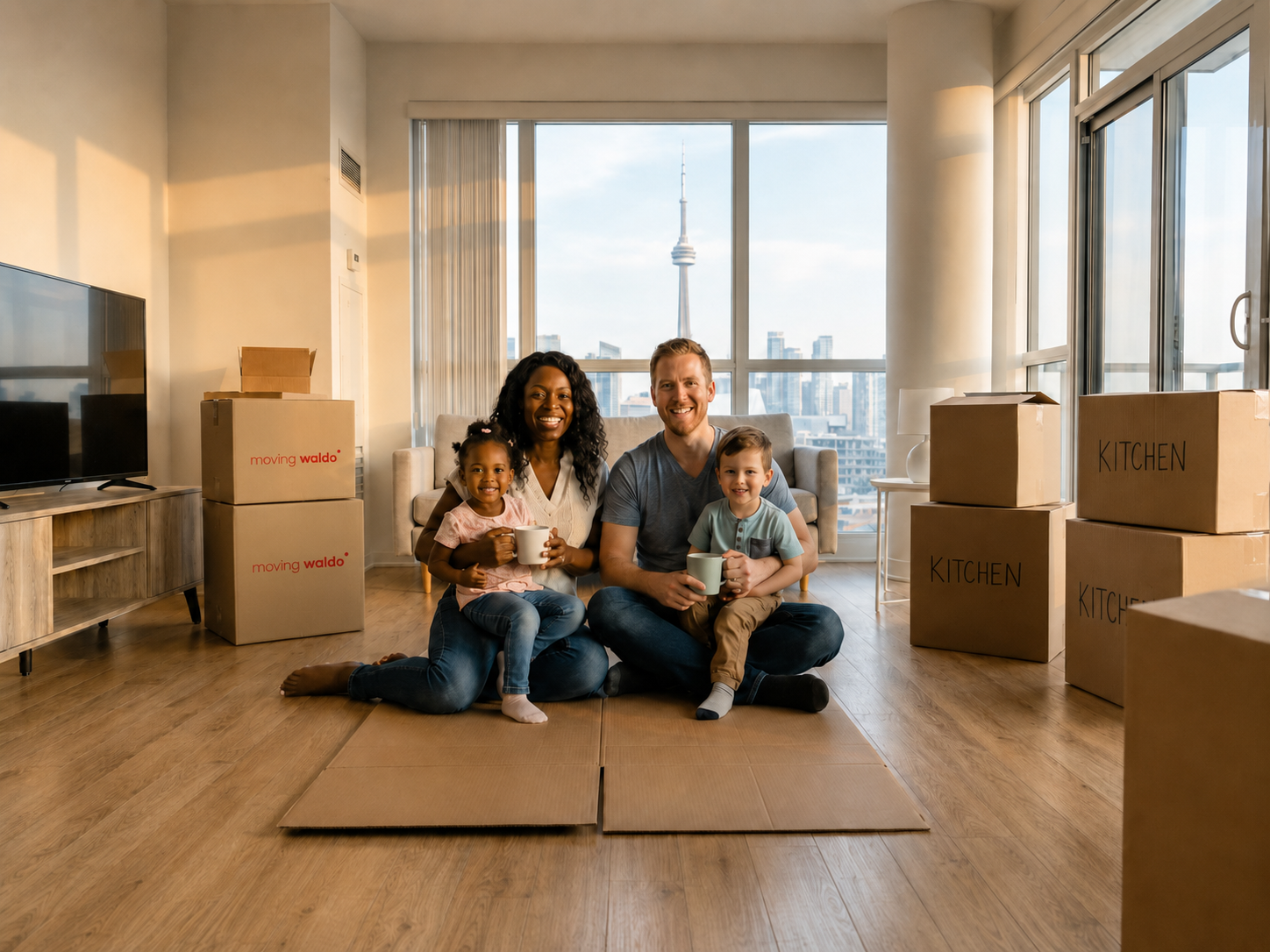Family sitting among moving boxes in a bright condo