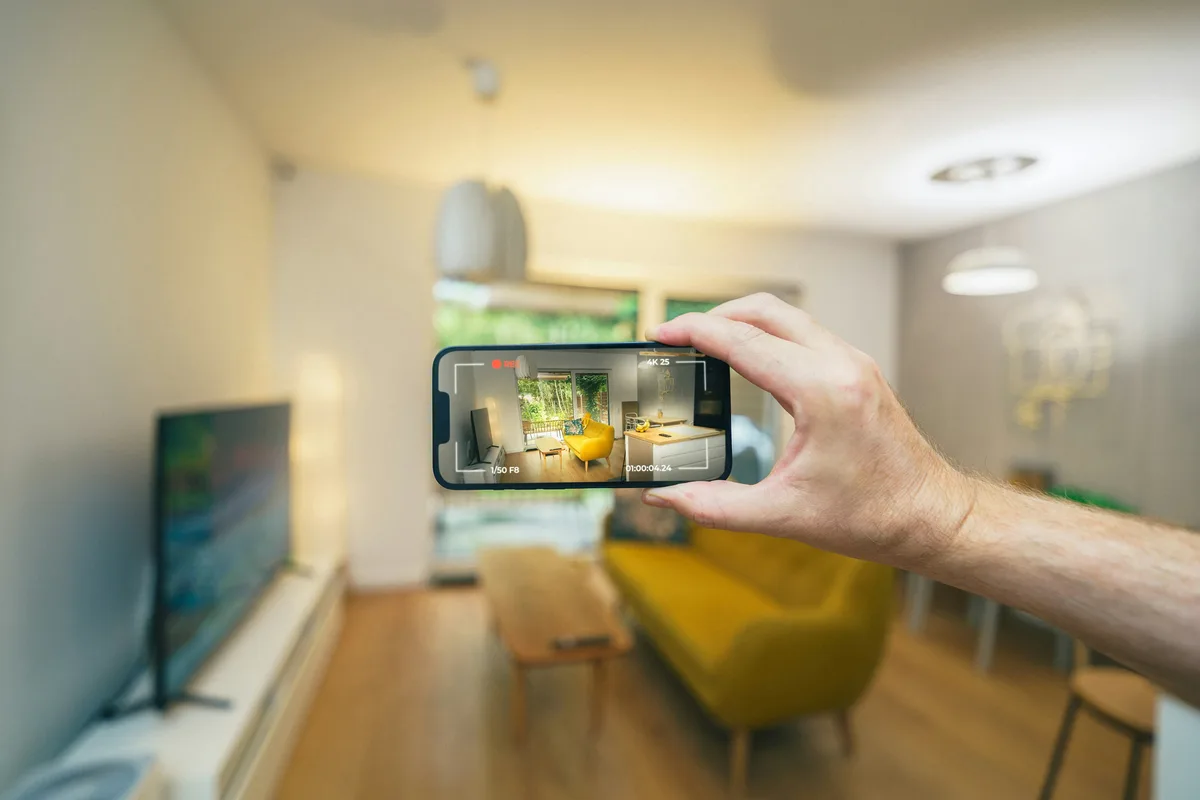 Person using a phone to photograph a room for an AI moving inventory