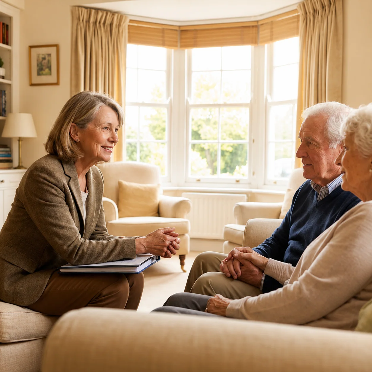 Senior couple smiling during a moving consultation with a specialist