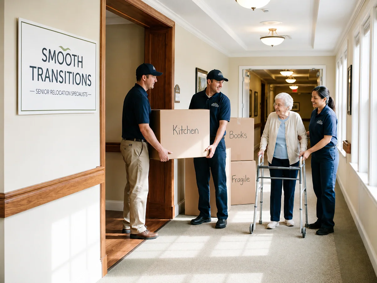Moving team assisting a senior during a retirement residence move