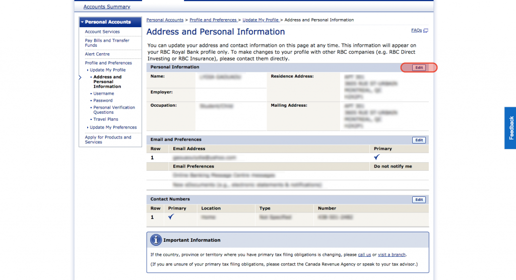 changement d'adresse RBC