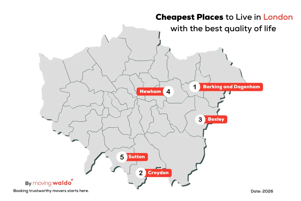 Infographic map showing the cheapest places to live in London in 2026, created by MovingWaldo.
