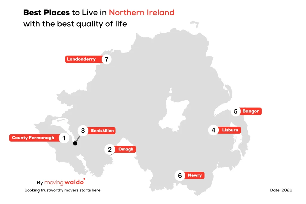 Map of the best places to live in Northern Ireland in 2026, highlighting top towns and cities for residents, by MovingWaldo.
