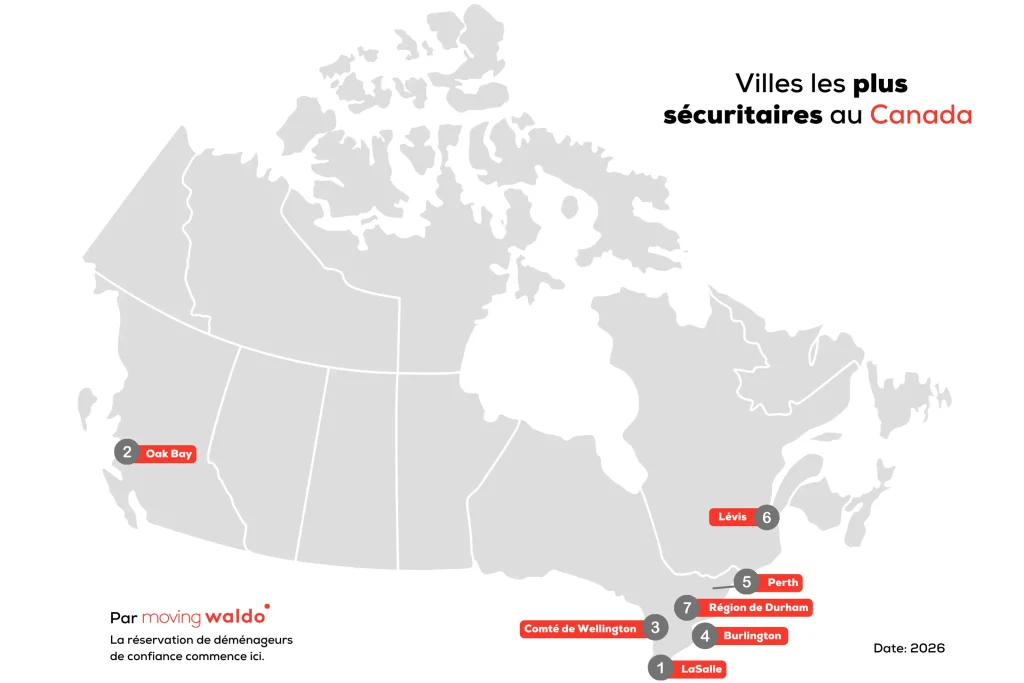 villes les plus sécuritaires pour vivre au Canada avec la meilleure qualité de vie 2026 – carte par MovingWaldo